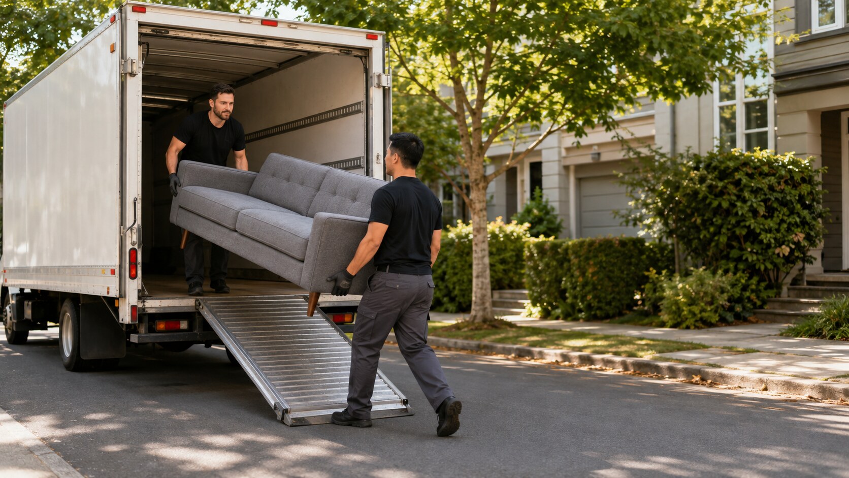 Two furniture movers carrying a sofa from a cube van